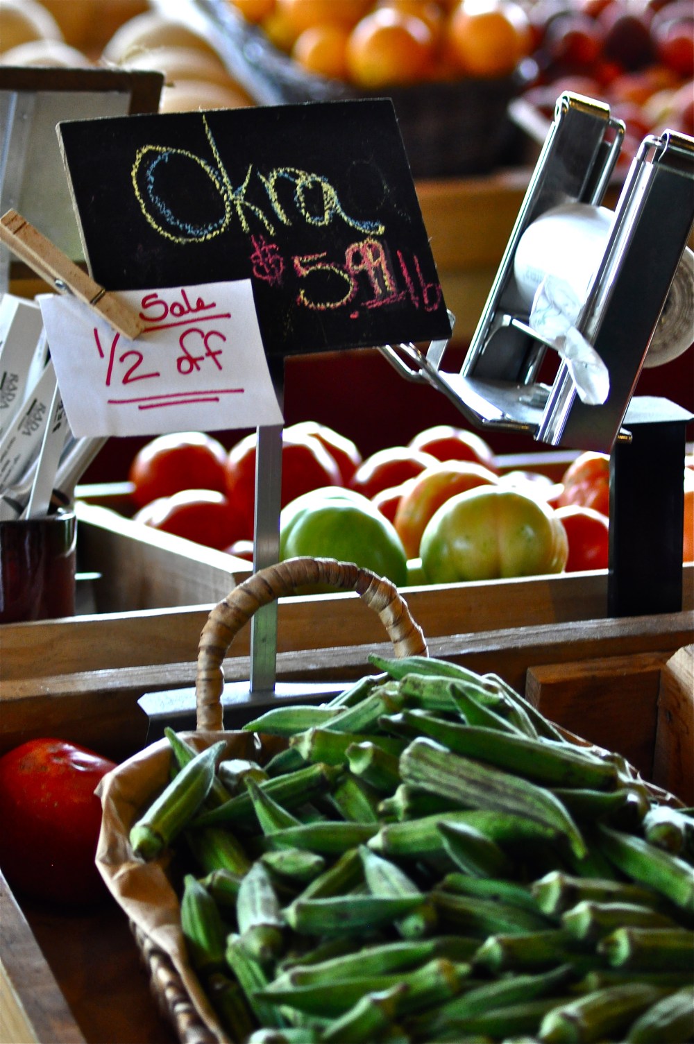 OH, a sale, fresh okra is half off.  I wouldn't take it if it were free