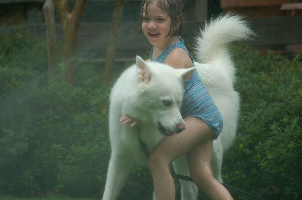 S. is about 5 in this picture, she is trying her hardest to get Blue into the sprinkler