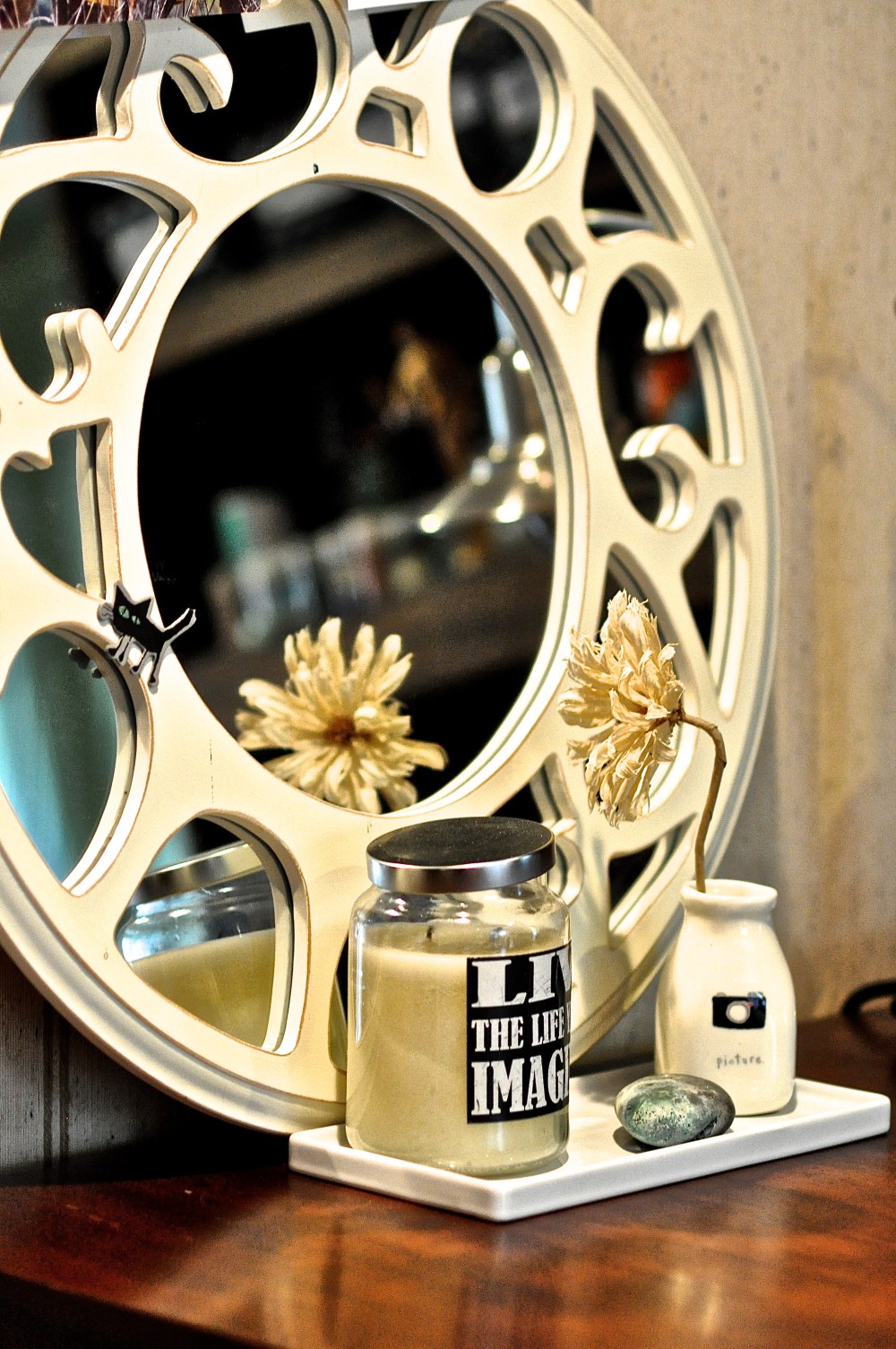 The vase & flower are about 5 years old, the fun Mirror came from Elizabeth's Antiques before the Hurrican (level 2) Hit 