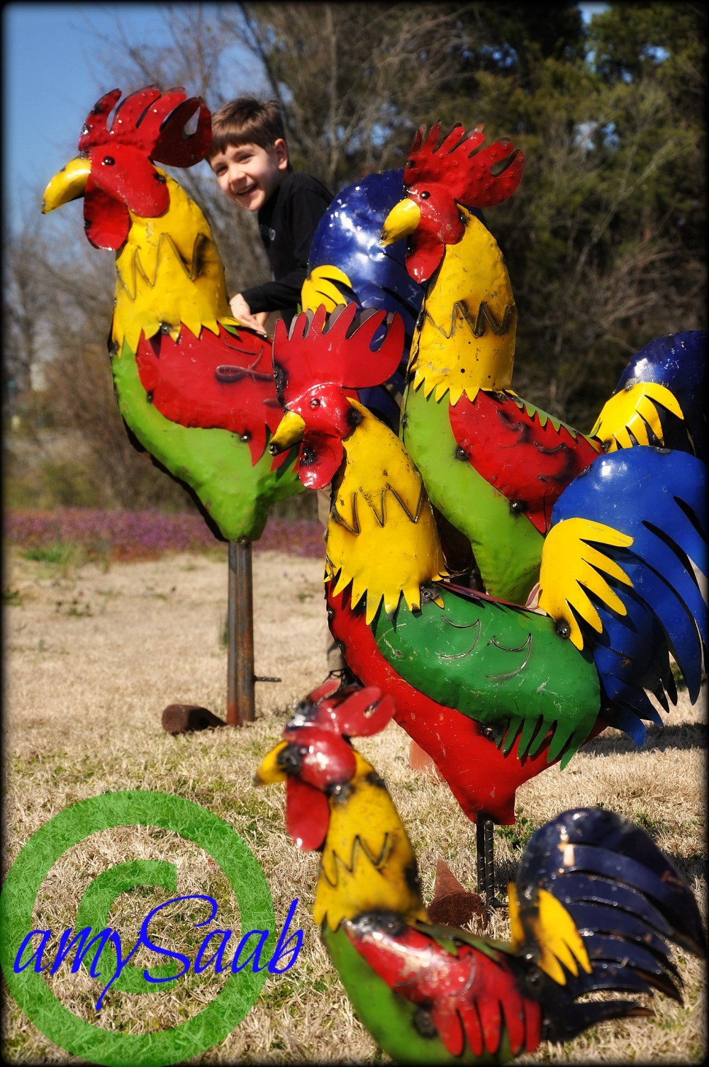 four roosters standing in a row and one monkey
