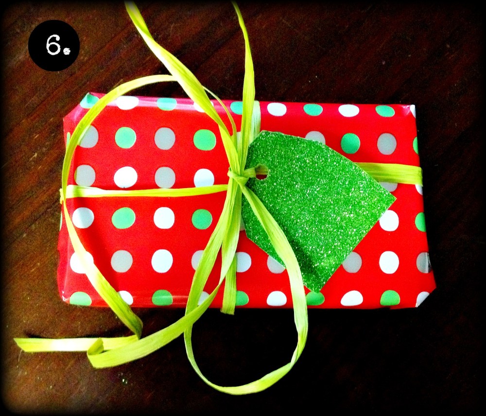 The flashier the tag, the less need for expensive bows. I bought this green raffia for $5.  I don't think raffia ever runs out…at least, not in my house.