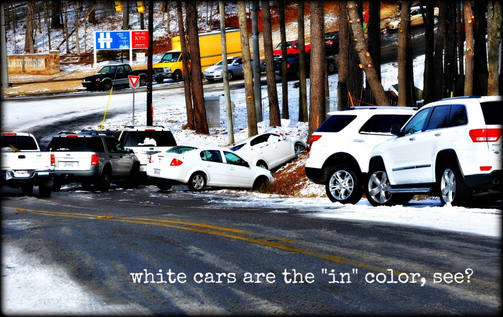 cars do NOT have snow or seasonal tires in Birmingham. It never snows.  Birmingham is a very hilly/mountainy place.  Cars were sliding like they were using ice skates. This is one minute away from my house