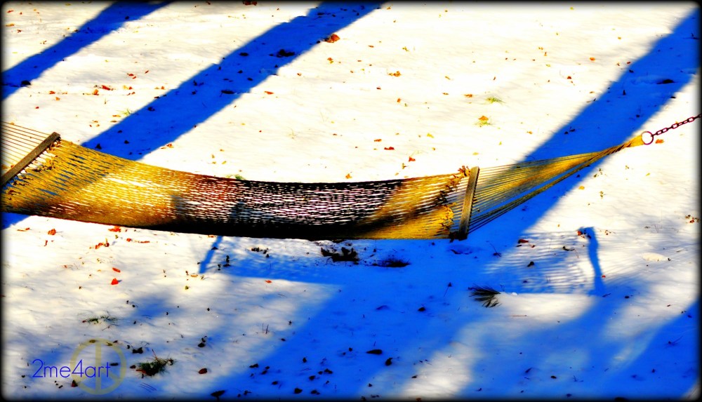 Yellow & blue (cyan) are opposites, see?  Our hammock in January snow. Birmingham, Alabama