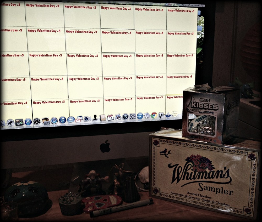 this was what my computer looked like this morning. my son gave me the kiss, my husband the Whitman's & the stickies 