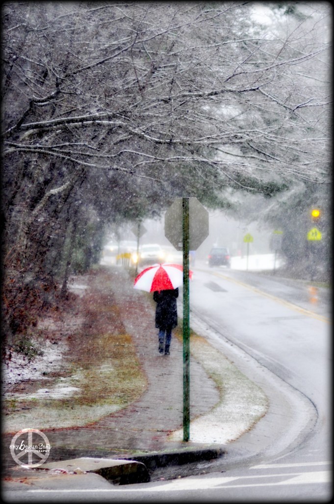 the woman with the red&white umbrella